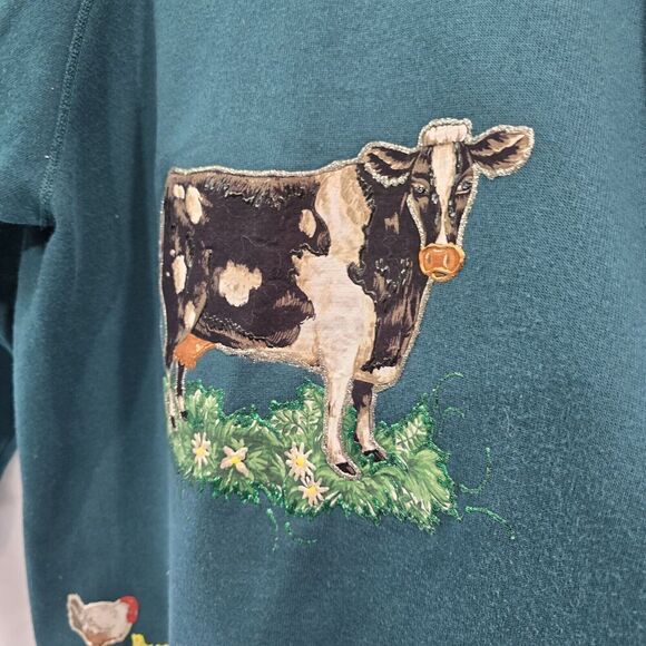 Vintage Sweatshirt Womens Large Green Cow Pig Chickens Farm Upcycled - Picture 10 of 12